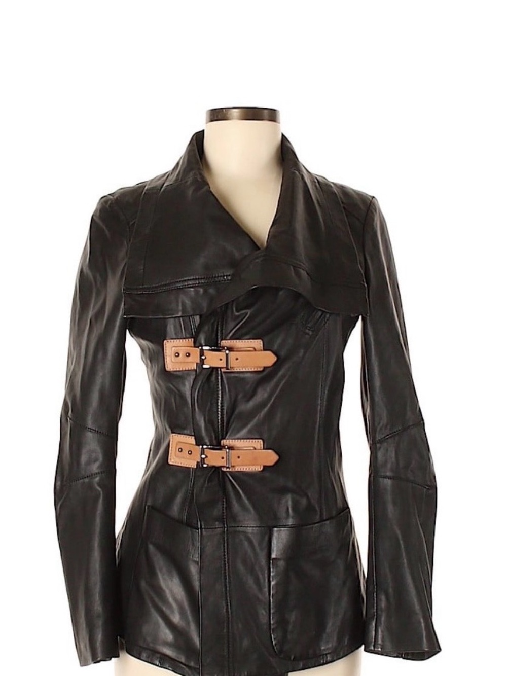 BARBARA BUI Black Ultra-Soft Lambskin Leather Moto Jacket with Tan Buckles 6